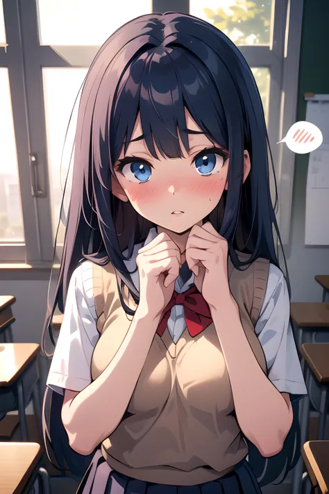 (masterpiece, best quality, highres), 1girl, solo, dark blue hair, very long hair, straight hair, blunt ends, asymmetrical bangs, blue eyes, medium breasts, toned, school uniform, white collared shirt, red bowtie, sweater vest, school emblem, dark blue pleated skirt, hands up, own hands together, upper body, classroom, window, backlighting, looking at viewer, embarrassed, blush, full-face blush, parted lips, spoken blush