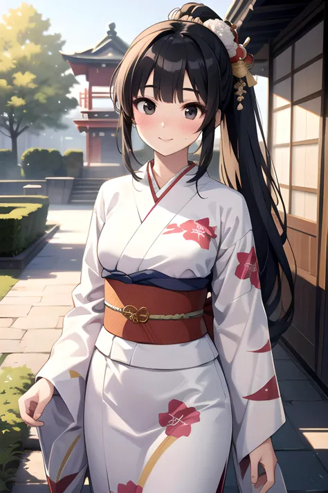(masterpiece, best quality, highres), 1girl, solo, black hair, long hair, straight hair, blunt ends, high ponytail, blunt bangs, black eyes, medium breasts, toned, japanese clothes, kimono, furisode, obi, sash, kanzashi, japanese architecture, outdoors, garden, head tilt, light blush, light smile, looking at viewer, cowboy shot