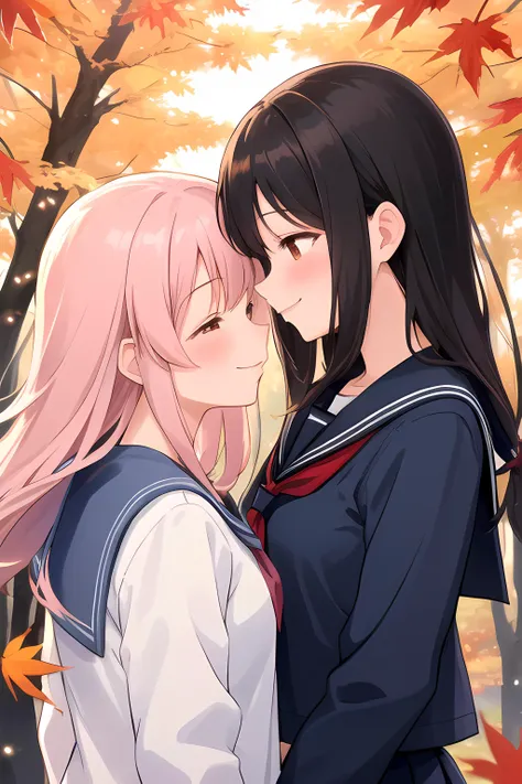 (masterpiece, best quality), 2girls, yuri, couple, blue serafuku, winter uniform, forest, autumn, autumn leaves, wind, light blush, light smile, heads together, upper body