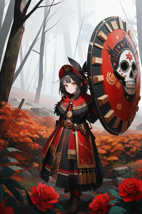 1girl, 8k 3D Rendering, majestic, Fashion shot of a Rugged Monstrous Papuan ([Porsche:Shield:5]:1.3) , it is covered in Graffiti, it is anthropomorphic with a face, autumn background, desolate forest with Roses, Smoky Conditions, Wide view, Maximalist, Wonder, Orphism, Moonlight, Low shutter, Ambrotype, de dia los muertos, nightmare fuel, beautiful, trending on artstation