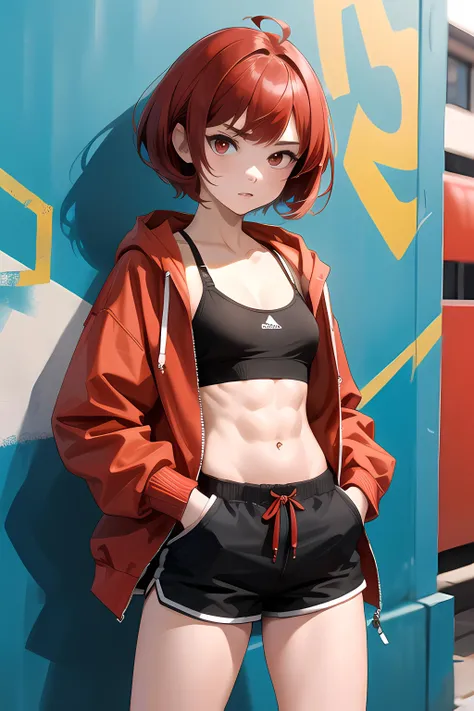 (masterpiece), best quality, highres, ultra-detailed, 1girl, tomboy, very short hair, pixie cut, red hair, crossed bangs, red eyes, flat chest, tall, muscular female, street, wall, graffiti, mural, red hoodie, open clothes, open hoodie, black bra, sports bra, red dolphin shorts, black sneakers, standing, leaning back, against wall, looking at viewer, hand in pocket, annoyed, parted lips, cowboy shot,