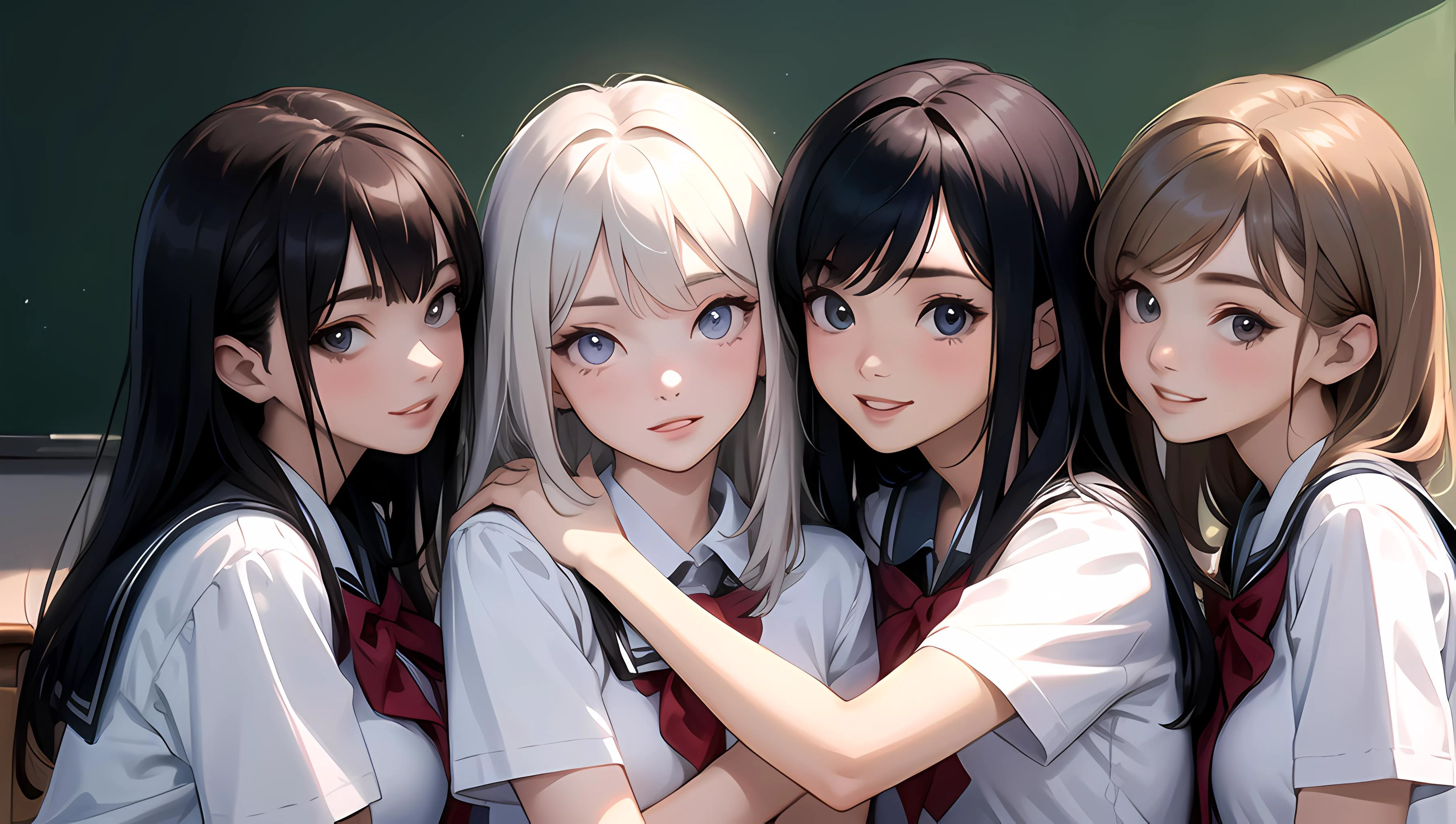 (masterpiece), best quality, highres, ultra-detailed, pastel colors, 4girls, multiple girls, alternate hairstyle, alternate breast size, alternate eye color, alternate hair length, alternate hair color, height difference, alternate skin color, classroom, school uniform, happy, parted lips, group hug, smile, upper body, looking at viewer, sexually suggestive,