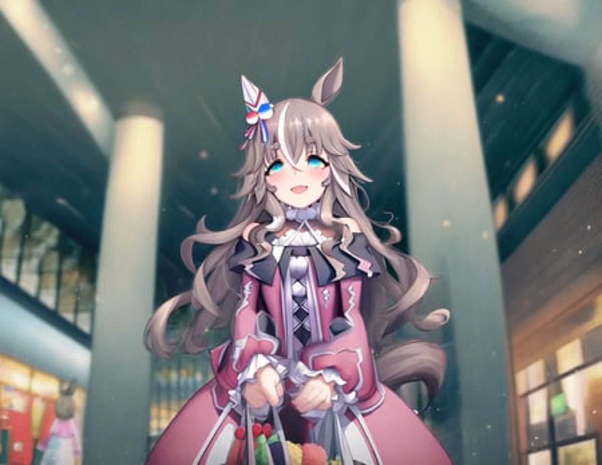 WonderAcute, racing suit; fanart; solo, 1girl,horse girl, pink dress, beautiful background, shopping mall, happy, beautiful eyes, depth in field