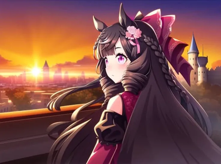 DaiichiRuby; concept art; solo, 1girl, horse girl, travel photography, sunset, cold day, castle,
extremely detailed CG background, dynamic angle, extremely detailed and beautiful skin