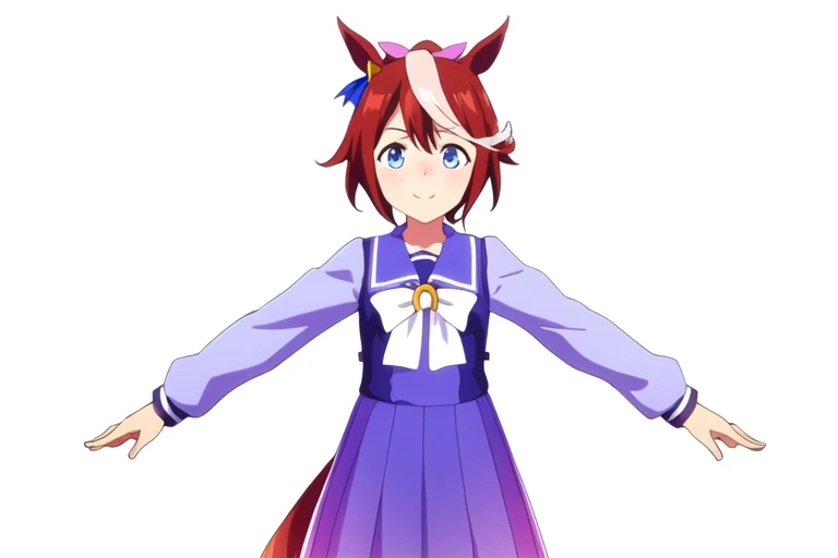 (1girl), TokaiTeio, Tracen school uniform, extremely detailed cg, 4K wallpaper, closed mouth, horse girl, horse tail,
(looking at viewer:1.3), smile, white background,