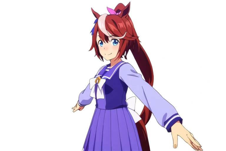 (1girl), TokaiTeio, Tracen school uniform, extremely detailed cg, 4K wallpaper, closed mouth, horse girl, horse tail,
(looking at viewer:1.3), smile, white background, a-pose,