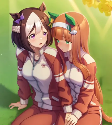 SpecialWeek, tracen gym uniform; SilenceSuzuka, tracen gym uniform; 2girls, yuri, illustration,  sitting on sports ground ,  
 extremely detailed cg, 4K wallpaper, horse girls, sitting, horse tails, beautiful sunlight,  flowers