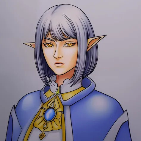 Ilustration, Anime style, Woman, ((elf)), 1girl, beautiful, (tired, sad):1.4),(grey hair, bob cut, ((fine facial features)),),(white outfit, red outfit accents, assasin-style outfit, military coat),(glowing yellow eyes:1.2),elemental mage engulfed in blue flames and yellow lightning, chromatic chaos, gold and ice tones, depth of field, beautiful, highly detailed, hyperrealistic, cinematic lighting, clear, space background, cinematic lighting soft, (backlight: 1.2), (flowering: 1.2), (bright light: 1.1), (chromatic aberration: 1.2), sharp focus, high contrast ,masterpiece, photorealistic, (portrait:1.3),<lora:Mellicent_pencil:1.0>