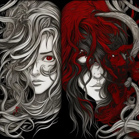 mellicent_ink, poster style, red, grey, white and black colors, portrait, 1girl, solo, grey hair, long hair, messy hair, devided by half, red test tubes on the left, left eye closed, right eye open, surrounded by red tentackles, lovecraft monsters on right, black background, pattern shading
<lora:Mellicent_ink:1.0>