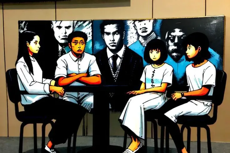 A few individuals from diverse backgrounds are seated in an interview setting wearing white and black casual clothings , comic painting,