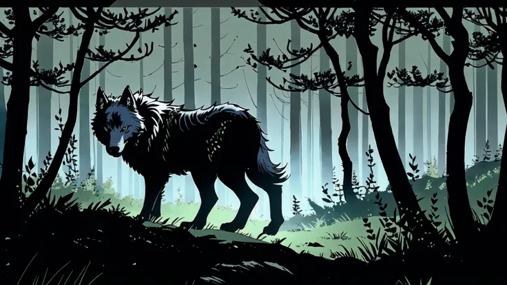 A wolf stalks prey in the forest at night