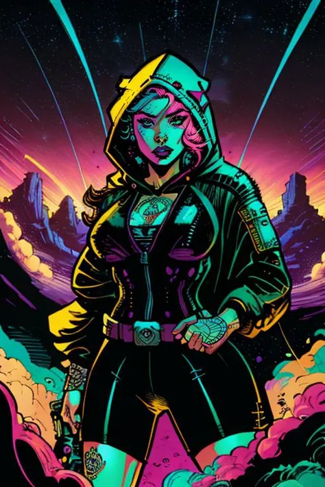 comic <lora:RealEmoFace:0.8>, Wave Art Style, 1girl, solo, cute, posing, tattoos, piercings:1.5, space pirate, hooded sweat, <lora:WaveArt:1>, graphic illustration, comic art, graphic novel art, vibrant, highly detailed