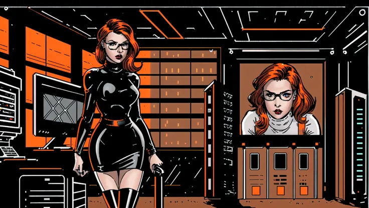 dark room, server racks, large computer screen, computer banks, blinking red leds, computers, circuits,<lora:BG2_dpep4+silicon29dim64:1.6> <lora:Barbara-04:1> orange hair, lipstick, wheelchair:1.3, stockings and garters, glasses, skirt, (turtleneck shirt)