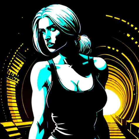 photo, front view, portrait, bimbo, (exposed_nipples, exposed nipples:1.0), (white tank top:1.0), detailed eyes, detailed face, big ponytail, brunette
arms hanging down, arms behind back, standing, determined, fit
(big breasts, huge breasts, pale skin:1.1),
background alien tunnel, dark contrast lighting
highly detailed, intricate, 85mm, medium shot, mid shot, hdr 4k, 8k, depth of field,