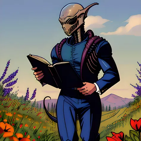 beautiful 23yr old male in profile,in a blue suit and while shirt,holding a brook book,walking through a field of wildflowers,noon,clean lines,(xenomorph with tail:1.2),