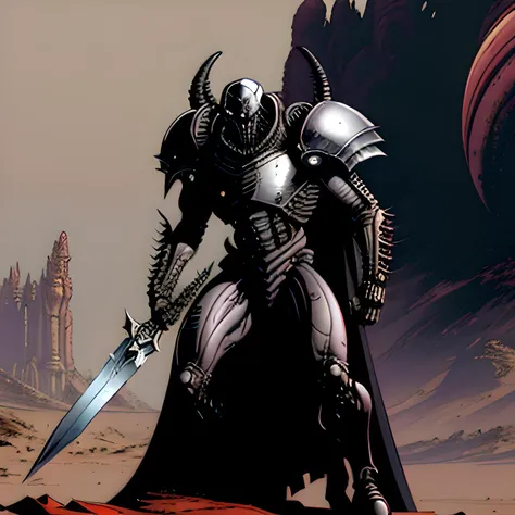 xenomorph priest on mars,full body biomechanical,long tail,no eyes,black carapace face mask,holding a silver spear,extra details,standing proud,