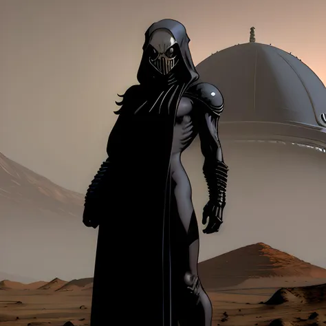 xenomorph nun on mars,full body,long tail,no eyes,black carapace face mask,