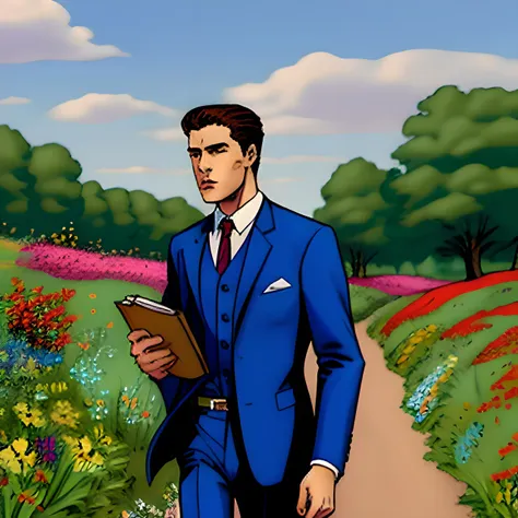 beautiful 23yr old male in profile,in a blue suit and while shirt,holding a brook book,walking through a field of wildflowers,noon,clean lines,