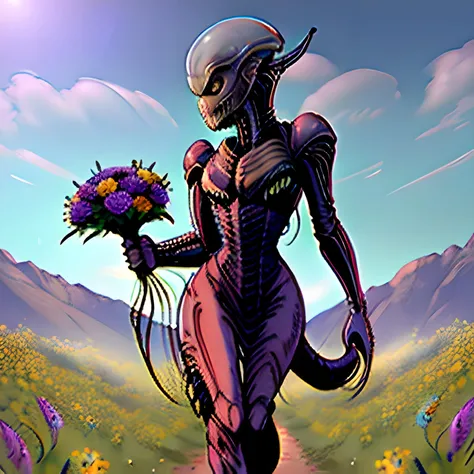 beautiful 23yr old female in profile,in a glowing blue corseted dress,holding a bouquet of wildflowers,walking through a field of wildflowers,noon,(xenomorph with tail:1.5),clean lines,