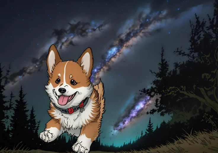 happy corgi running excitedly through the woods at night, speed lines, shooting star, milky way