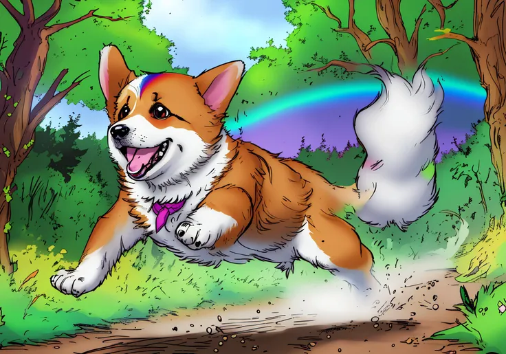 happy corgi running excitedly through the woods at night, speed lines, shooting star, milky way