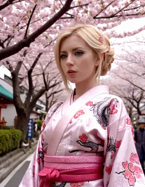 A blonde-haired, enigmatic beauty with parted lips, clad in a modernized kimono featuring vibrant dragon motifs, poses regally amidst the realistically rendered cherry blossom trees of Tokyo's bustling streets during the Sakura season, her piercing eyes locked onto the camera positioned at a low angle, exuding an otherworldly allure that defies the ordinary. L3X13B3LL3 <lora:kzqqzu18fd6a8ee78q3f7:1>