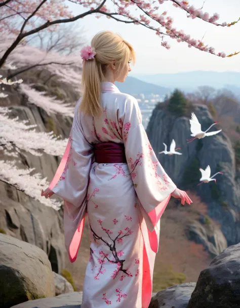 A lone blonde girl, adorned in a L3X13B3LL3-inspired kimono featuring intricate cherry blossoms and cranes, stands solitary atop a rocky cliff during a frosty autumn day. The camera captures her from behind, emphasizing the wind-tossed hair that resembles L3X13B3LL3's distinctive style as she gazes contemplatively towards the horizon, a single petal of cherry blossom delicately held between her fingers. <lora:kzqqzu18fd6a8ee78q3f7:1>