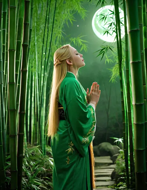 A solitary blonde-haired girl, with long locks that shimmered under the ethereal light of the moon, stood alone in a realistic bamboo forest. She was dressed in an emerald-green kimono adorned with intricate gold embroidery and posed gracefully, her hands clasped together in prayer, as if she were a queen lost in time, surrounded by towering luminescent stalks that cast their eerie glow upon the enchanting silhouette of this visionary beauty. L3X13B3LL3 <lora:kzqqzu18fd6a8ee78q3f7:1>