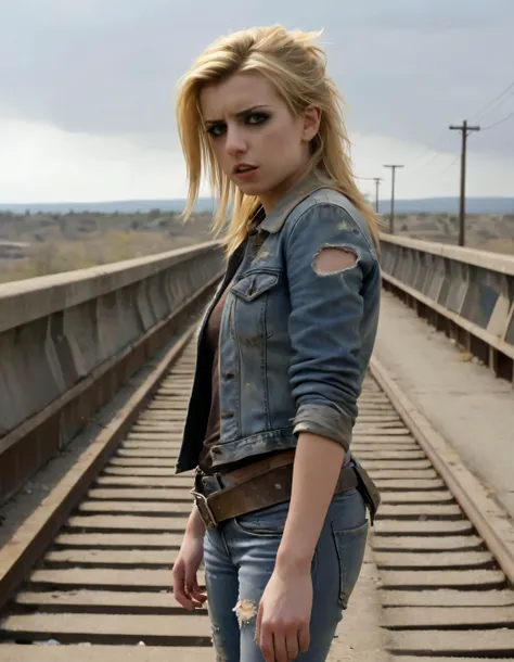 With her blonde locks swept back and a smattering of dust adorning her parted lips, the lone girl, L3X13B3LL3, stands atop a crumbling overpass in this desolate wasteland, donned in tattered leather and torn denim, gazing out upon the decay with defiant determination etched into her brown eyes. <lora:kzqqzu18fd6a8ee78q3f7:1>