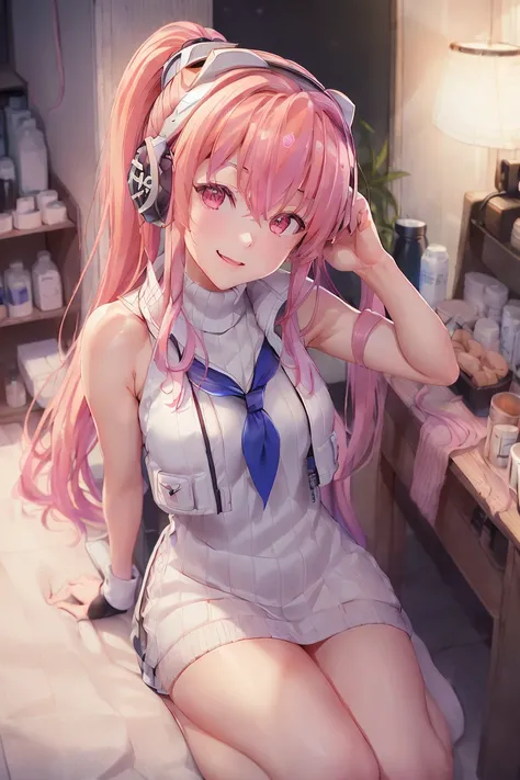 masterpiece, highres, 1girl, goddess of victory: nikke, pepper_(nikke), ペッパー(勝利の女神_NIKKE), <lora:Pepper-LoRA:1>, ulzzang-6500-v1.1, beautiful face, detailed face, pink hair, bangs, headphones, gloves, blue neckerchief, sweater, thighs, blush, smile, large breasts, full body, bare shoulders, eyebrows visible through hair, headgear, long hair, looking at viewer, sweater dress, standing