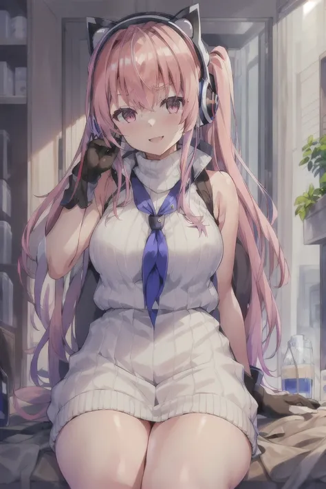 masterpiece, highres, 1girl, goddess of victory: nikke, pepper_(nikke), ペッパー(勝利の女神_NIKKE), <lora:Pepper-LoRA:0.75>, beautiful face, detailed face, pink hair, bangs, headphones, gloves, blue neckerchief, sweater, thighs, blush, smile, large breasts, full body, bare shoulders, eyebrows visible through hair, headgear, long hair, looking at viewer, sweater dress, vest, standing