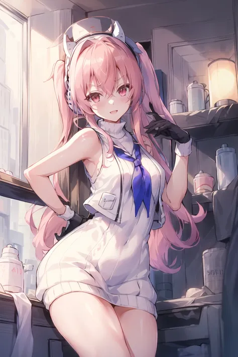 masterpiece, highres, 1girl, goddess of victory: nikke, pepper_(nikke), ペッパー(勝利の女神_NIKKE), <lora:Pepper-LoRA:0.75>, beautiful face, detailed face, pink hair, bangs, headphones, gloves, blue neckerchief, sweater, thighs, blush, smile, large breasts, full body, bare shoulders, eyebrows visible through hair, headgear, long hair, looking at viewer, sweater dress, vest, standing