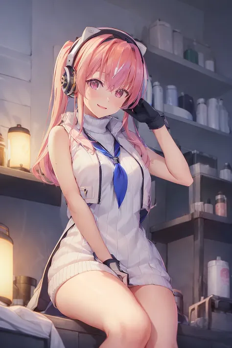 1girl, goddess of victory: nikke, pepper_(nikke), ペッパー(勝利の女神_NIKKE), <lora:Pepper-LoRA:1>, pink hair, bangs, headphones, gloves, blue neckerchief, sweater, thighs, blush, smile, medium breasts, full body, bare shoulders, eyebrows visible through hair, headgear, long hair, looking at viewer, sweater dress, vest, standing
