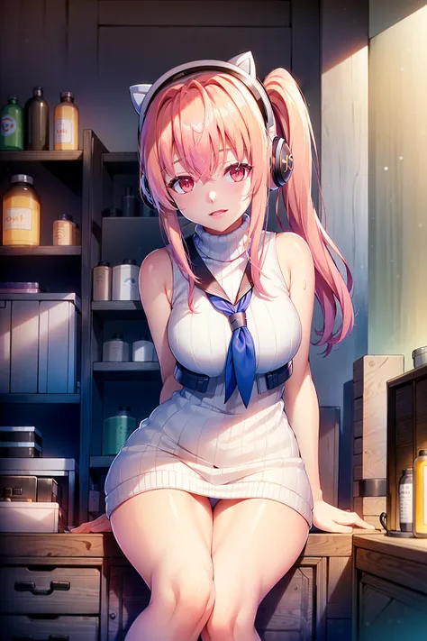 masterpiece, highres, 1girl, goddess of victory: nikke, pepper_(nikke), ペッパー(勝利の女神_NIKKE), <lora:Pepper-LoRA:1>, beautiful face, detailed face, pink hair, bangs, headphones, gloves, blue neckerchief, sweater, thighs, blush, smile, large breasts, full body, bare shoulders, eyebrows visible through hair, headgear, long hair, looking at viewer, sweater dress, open mouth, sailor collar, side ponytail, sidelocks, sleeveless, turtleneck sweater