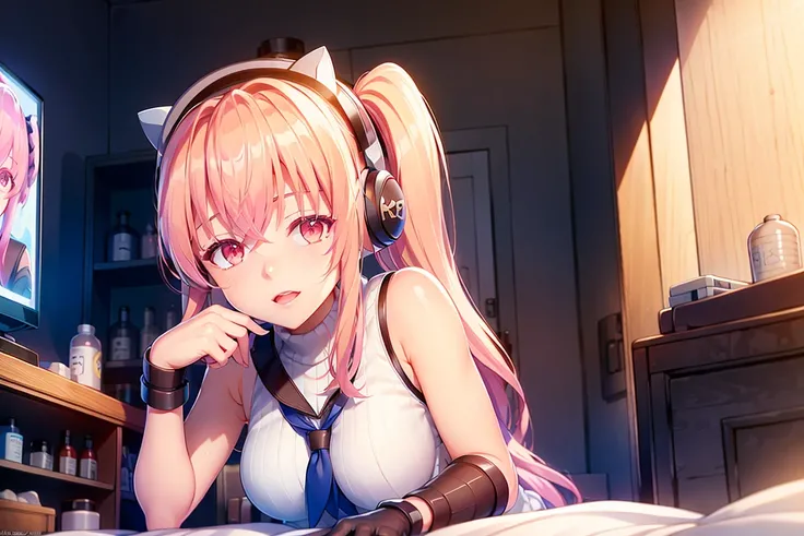 masterpiece, highres, 1girl, goddess of victory: nikke, pepper_(nikke), ペッパー(勝利の女神_NIKKE), <lora:Pepper-LoRA:1>, beautiful face, detailed face, pink hair, bangs, headphones, gloves, blue neckerchief, sweater, thighs, blush, smile, large breasts, full body, bare shoulders, eyebrows visible through hair, headgear, long hair, looking at viewer, sweater dress, open mouth, sailor collar, side ponytail, sidelocks, sleeveless, turtleneck sweater