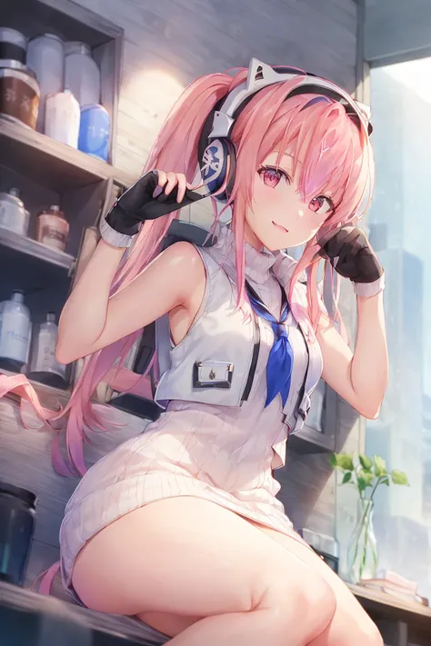 1girl, goddess of victory: nikke, pepper_(nikke), ペッパー(勝利の女神_NIKKE), <lora:Pepper-LoRA:1>, pink hair, bangs, headphones, gloves, blue neckerchief, sweater, thighs, blush, smile, medium breasts, full body, bare shoulders, eyebrows visible through hair, headgear, long hair, looking at viewer, sweater dress, vest
