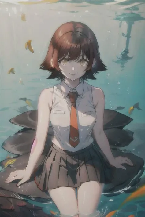 1woman, short hair, asymmetric hair, hime cut, hair wet by water, white sleeveless collared shirt, black pleated skirt, necktie, mira_yoo, short hair, brown eyes, brown hair,evil smile, looking viewer, near, black sands black, she is sitting underwater in dark crystal clear water sea with several fishes and black sands and tree brachs, sunlit, weak lights and shadows