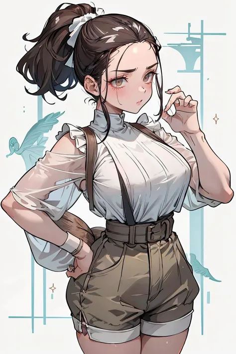 (masterpiece, best quality), female late twenties, athletic, greek, chestnut eyes, chiseled cheeks, widows peak forehead, toned back, birthmarks, salt and pepper
slicked-back hair hair, confusion
wearing high-waisted shorts, longline bra, hair clip, ,bedroll
, standing with hands in front, suggesting submission
