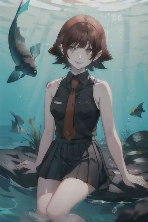 1woman, short hair, asymmetric hair, hime cut, hair wet by water, white sleeveless collared shirt, black pleated skirt, necktie, mira_yoo, short hair, brown eyes, brown hair,evil smile, looking viewer, near, black sands black, she is sitting underwater in dark crystal clear water sea with several fishes and black sands and black woods, sunlit, weak lights and shadows
