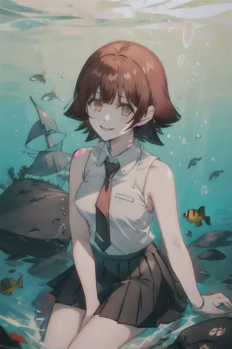 1woman, short hair, asymmetric hair, hime cut, hair wet by water, white sleeveless collared shirt, black pleated skirt, necktie, mira_yoo, short hair, brown eyes, brown hair,evil smile, looking viewer, near, black sands black, she is sitting underwater in dark crystal clear water sea with several fishes, sands black, sunlit, weak lights and shadows