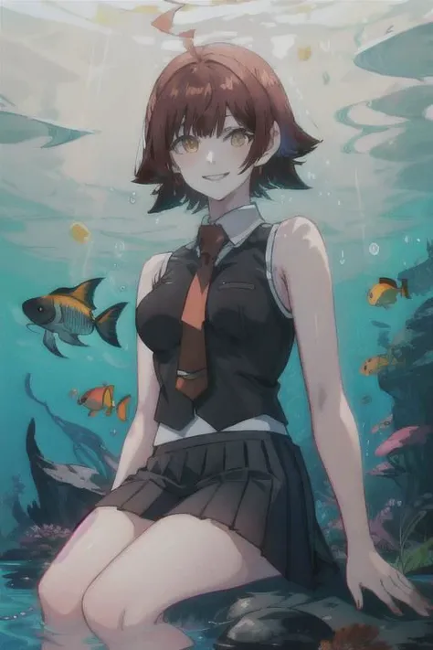 1woman, short hair, asymmetric hair, hime cut, hair wet by water, white sleeveless collared shirt, black pleated skirt, necktie, mira_yoo, short hair, brown eyes, brown hair,evil smile, looking viewer, near, she is sitting underwater in dark crystal clear water sea with several fishes and black sands and black woods, sunlit, weak lights and shadows
