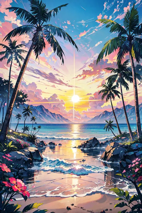 ((best quality, masterpiece, absurdres, super-resolution)) Tropical Paradise, Sun-Kissed Hues, Palm Trees Swaying, Sandy Beach