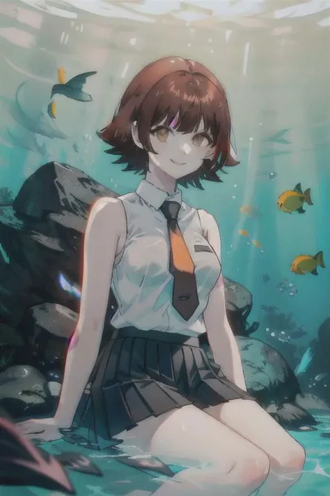 1woman, short hair, asymmetric hair, hime cut, hair wet by water, white sleeveless collared shirt, black pleated skirt, necktie, mira_yoo, short hair, brown eyes, brown hair,evil smile, looking viewer, near, black sands black, she is sitting underwater in dark crystal clear water sea with several fishes and black sands and black woods, sunlit, weak lights and shadows