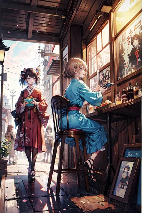 ((best quality, masterpiece, absurdres, super-resolution)) Taisho era, retro japan, (2 girls), multiple girls, hanging out, Macha parfait