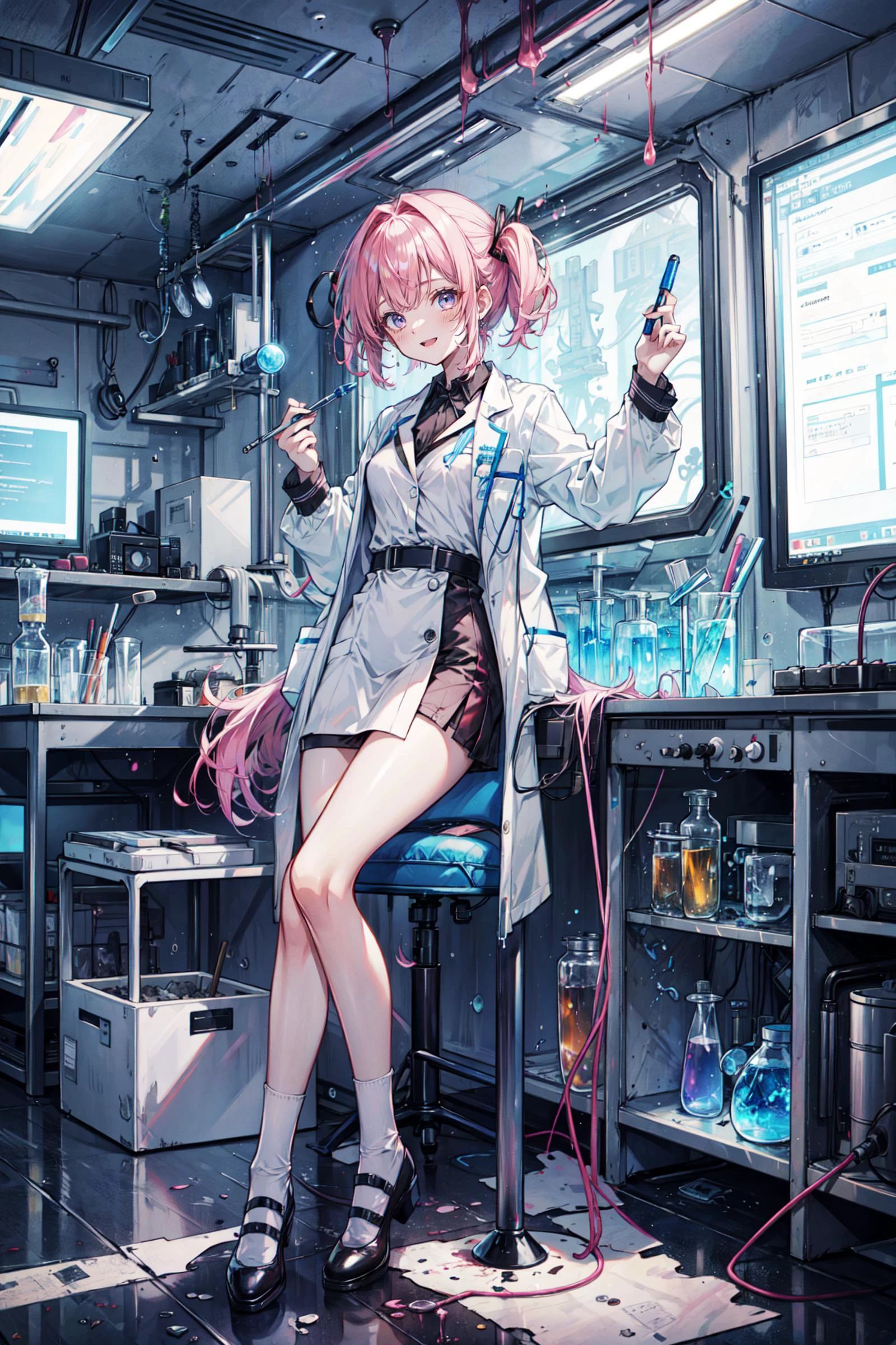 ((best quality, masterpiece, absurbres, super-resolution)), scientist, science lab, experiment, chemistry, colorful test tube, messy accident, lab coat