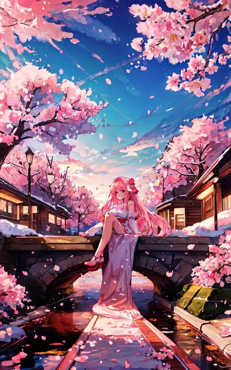 (ultra wide establishing shot, solo focus, cinematic photoshoot of perfect seductive young woman Relaxing Under a Cherry Blossom Tree:1.3), serene scene under a cherry blossom tree in full bloom, with petals gently falling like a soft pink snow, creating a carpet of flowers on a tranquil lakeshore.