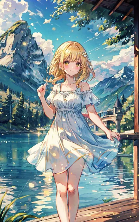 (scenic outdoor lake setting), (sunlit pier), young adult woman, casual summer fashion, ((dipping legs into the lake)), relaxed pose, breezy hairstyle, subtle makeup, (lightweight fabric, flowing dress), nature-inspired colors, serene expression, (background: lush greenery, distant mountains), warm afternoon light, (sense of tranquility and connection with nature)