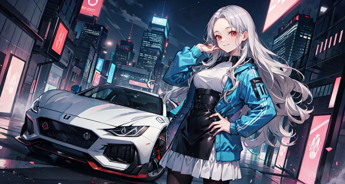 ((best quality, masterpiece, absurbres, super-resolution)), sport car, mature woman, long hair, red eyes, silver hair, wavy hair, forehead, smile, medium breasts, night, rtx, blue jacket, hand on hip, pov, pantyhose, contrapposto,