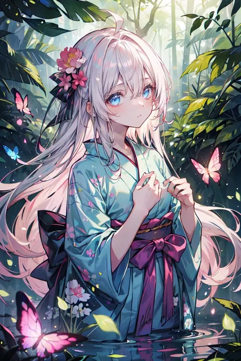 ((best quality, masterpiece, absurbres, super-resolution)), tyndal effect, light particles, rainforest, bloom, butterflies, translucent, pond, 1girl, solo, (absurdly long hair:1.2), blue eyes, ahoge, white hair, flat chest, hair between eyes, looking at viewer, expressionless, yukata, bokeh, lens flare, beautiful, 
