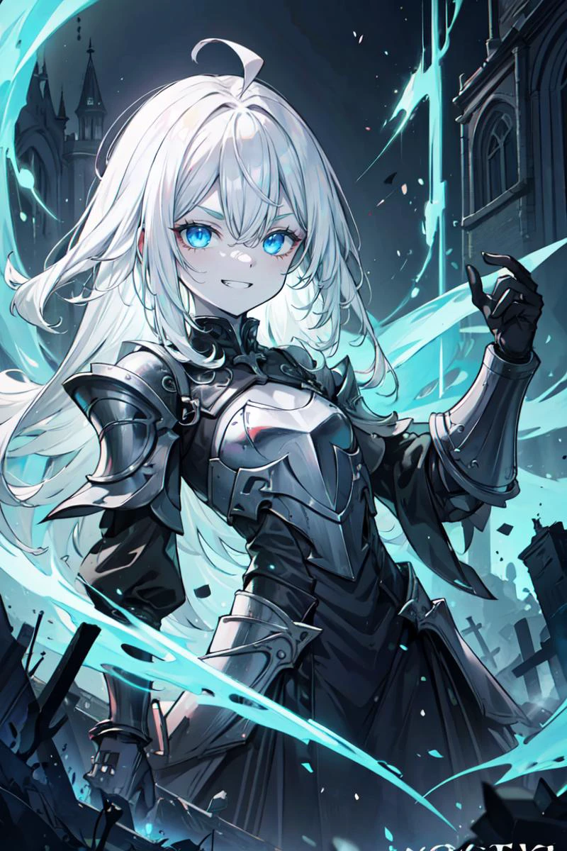 ((best quality, masterpiece, absurbres, super-resolution)), 1girl, solo, pale skin, ahoge, white hair, absurdly long hair, blue eyes, hair between eyes, flat chest, eerie, dark, cemetery, green mist, black dress, armored, fantasy, looking at viewer, armored chetsplate, spectral, green energy, green aura, black energy, evil, villain, movie poster, evil smile, evil grin, v-shaped eyebrows, crazy, bodysuit, futuristic, glow, apocalypse, destruction